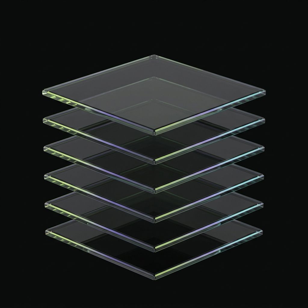 Objeto de cristal de siete capas sobre fondo negro, composición vertical